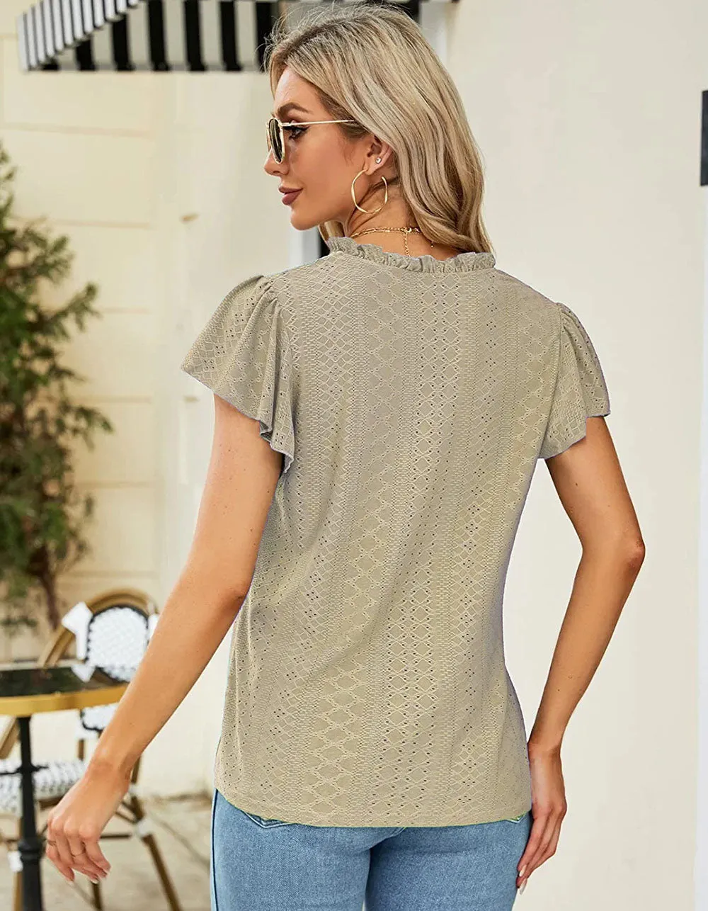 Plain Jacquard V Neck Cap Sleeve T-shirt