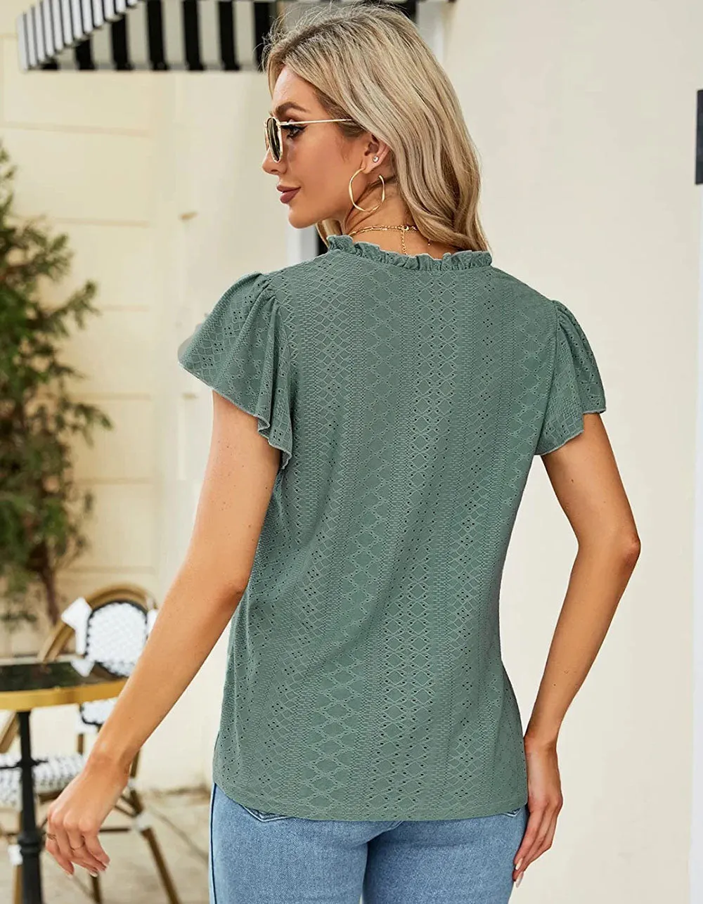 Plain Jacquard V Neck Cap Sleeve T-shirt