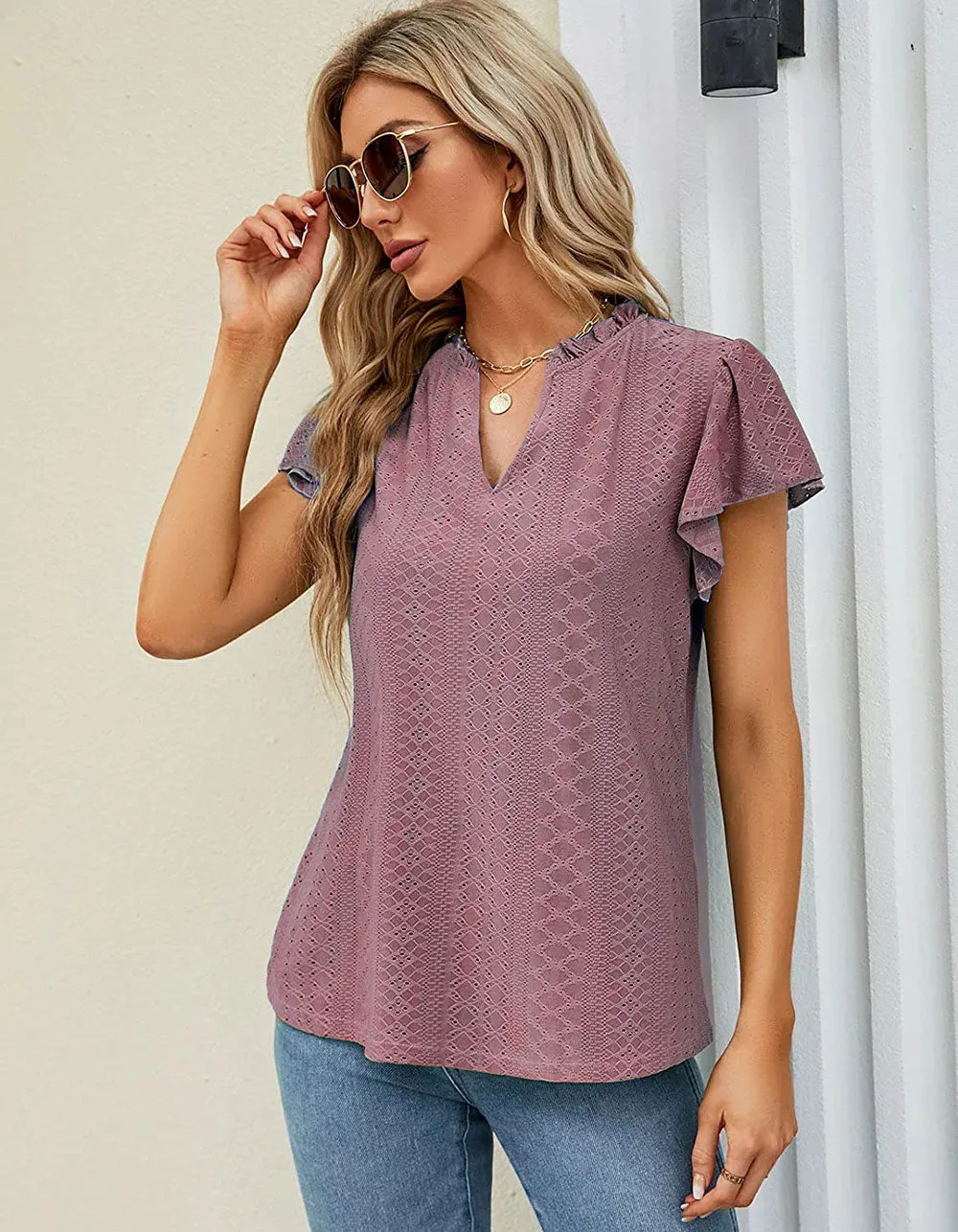 Plain Jacquard V Neck Cap Sleeve T-shirt