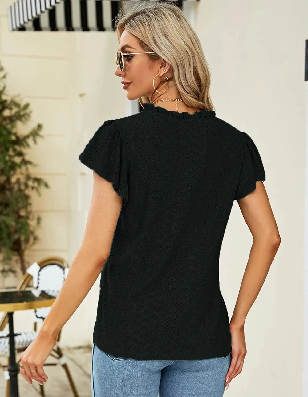 Plain Jacquard V Neck Cap Sleeve T-shirt