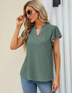 Plain Jacquard V Neck Cap Sleeve T-shirt