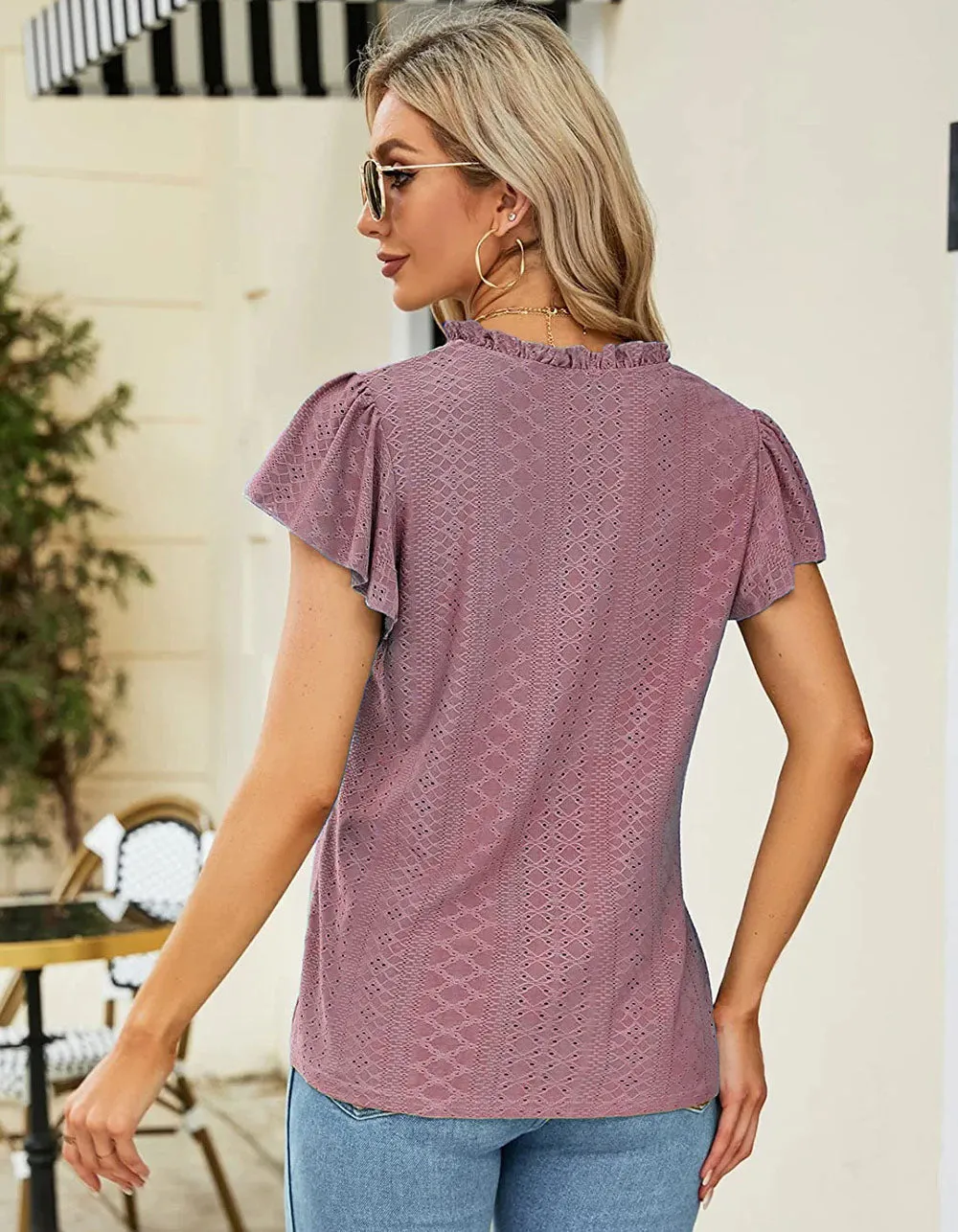 Plain Jacquard V Neck Cap Sleeve T-shirt