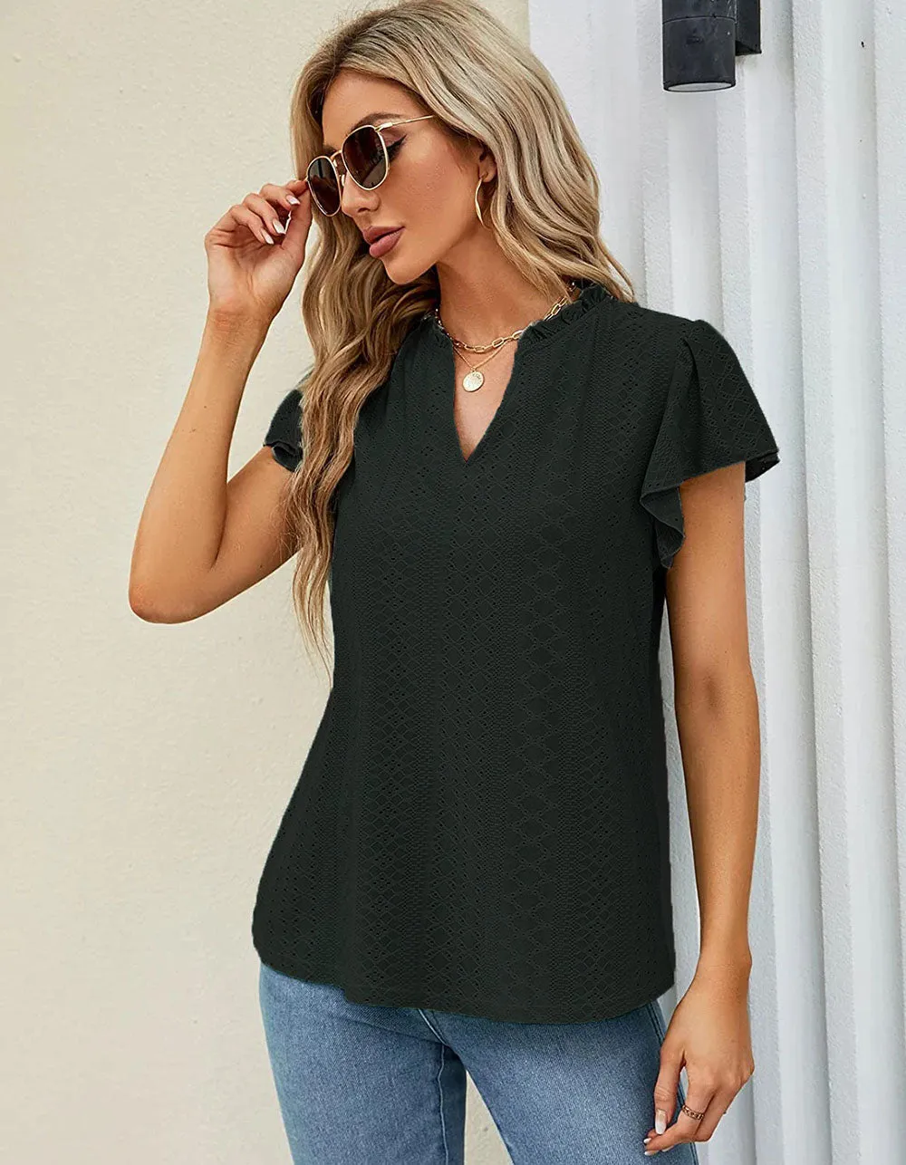 Plain Jacquard V Neck Cap Sleeve T-shirt