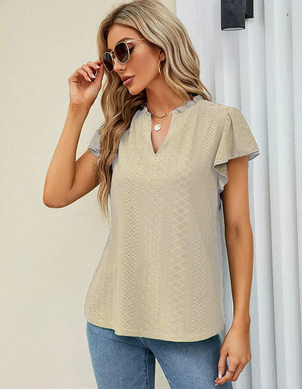 Plain Jacquard V Neck Cap Sleeve T-shirt