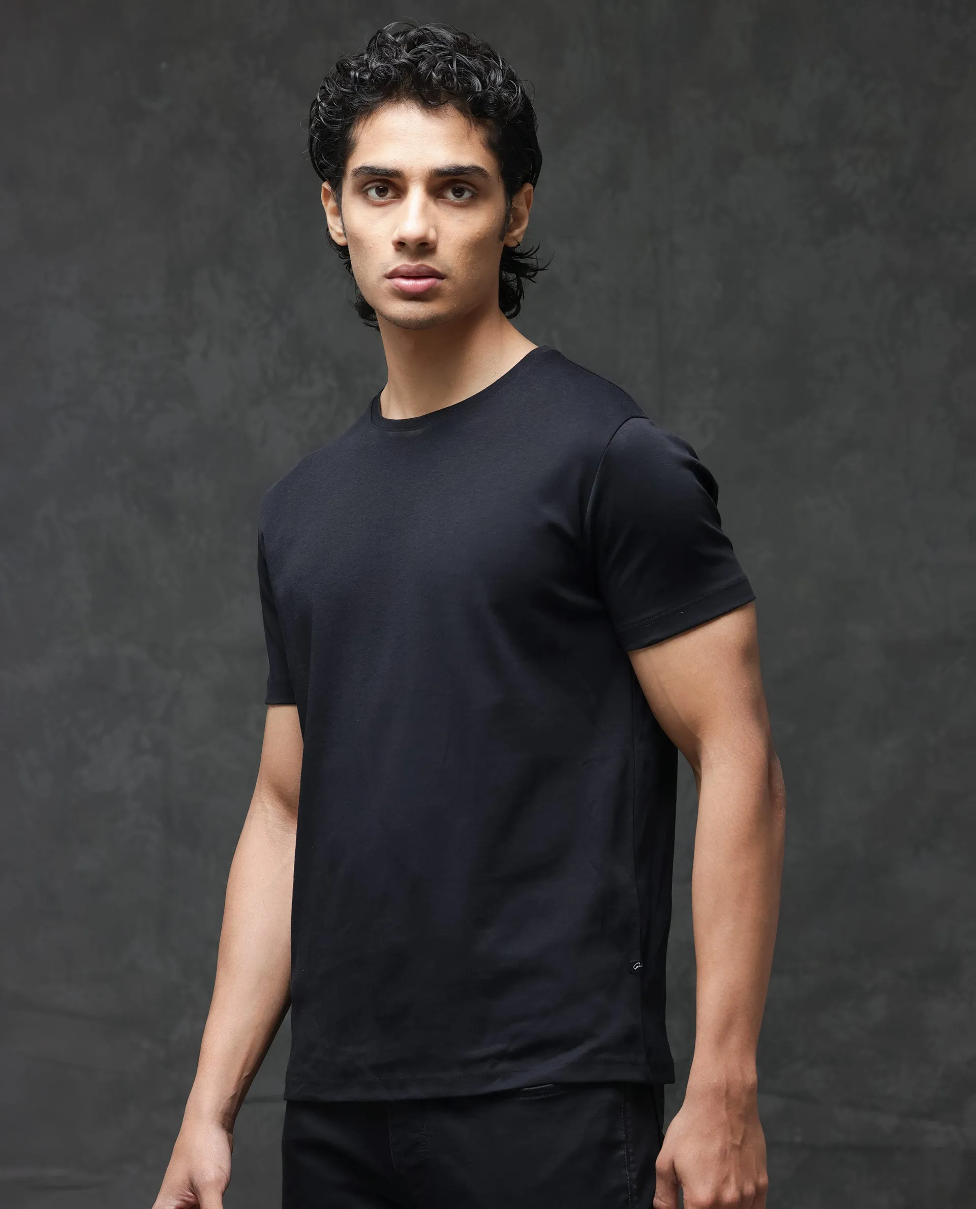 Rare Rabbit Men's Gis Black Cotton Fabric Crew Neck Half Sleeves Regular Fit Solid T-Shirt