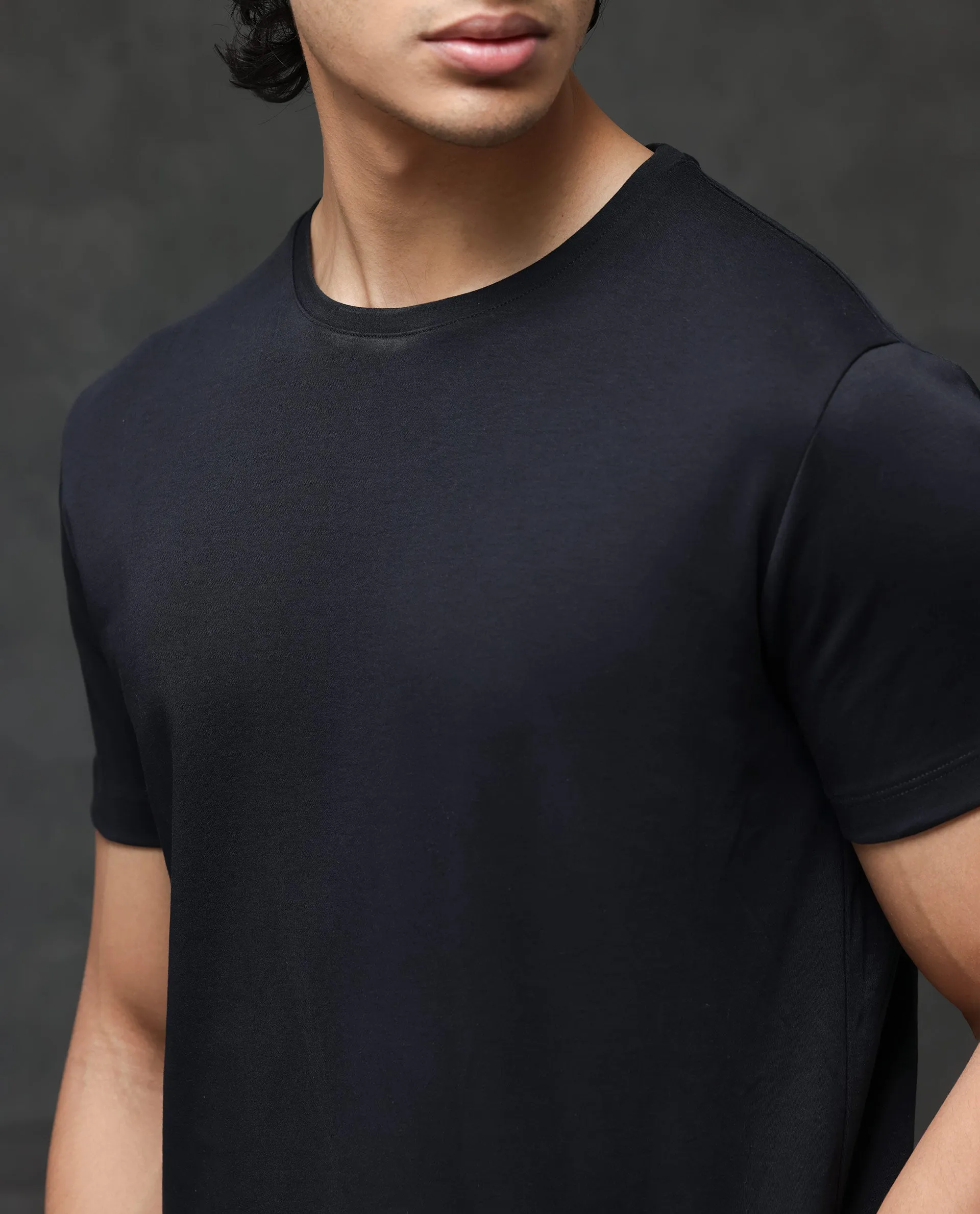 Rare Rabbit Men's Gis Black Cotton Fabric Crew Neck Half Sleeves Regular Fit Solid T-Shirt