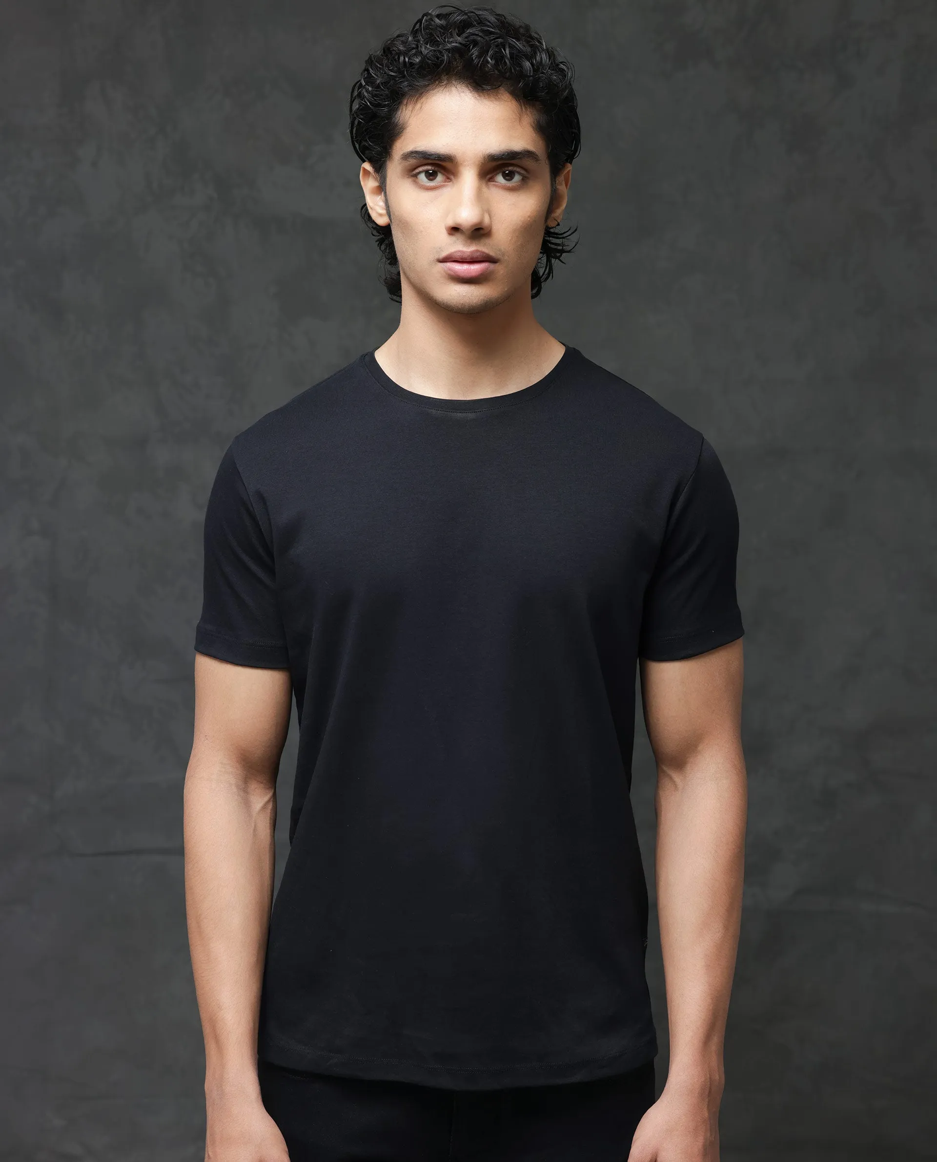 Rare Rabbit Men's Gis Black Cotton Fabric Crew Neck Half Sleeves Regular Fit Solid T-Shirt