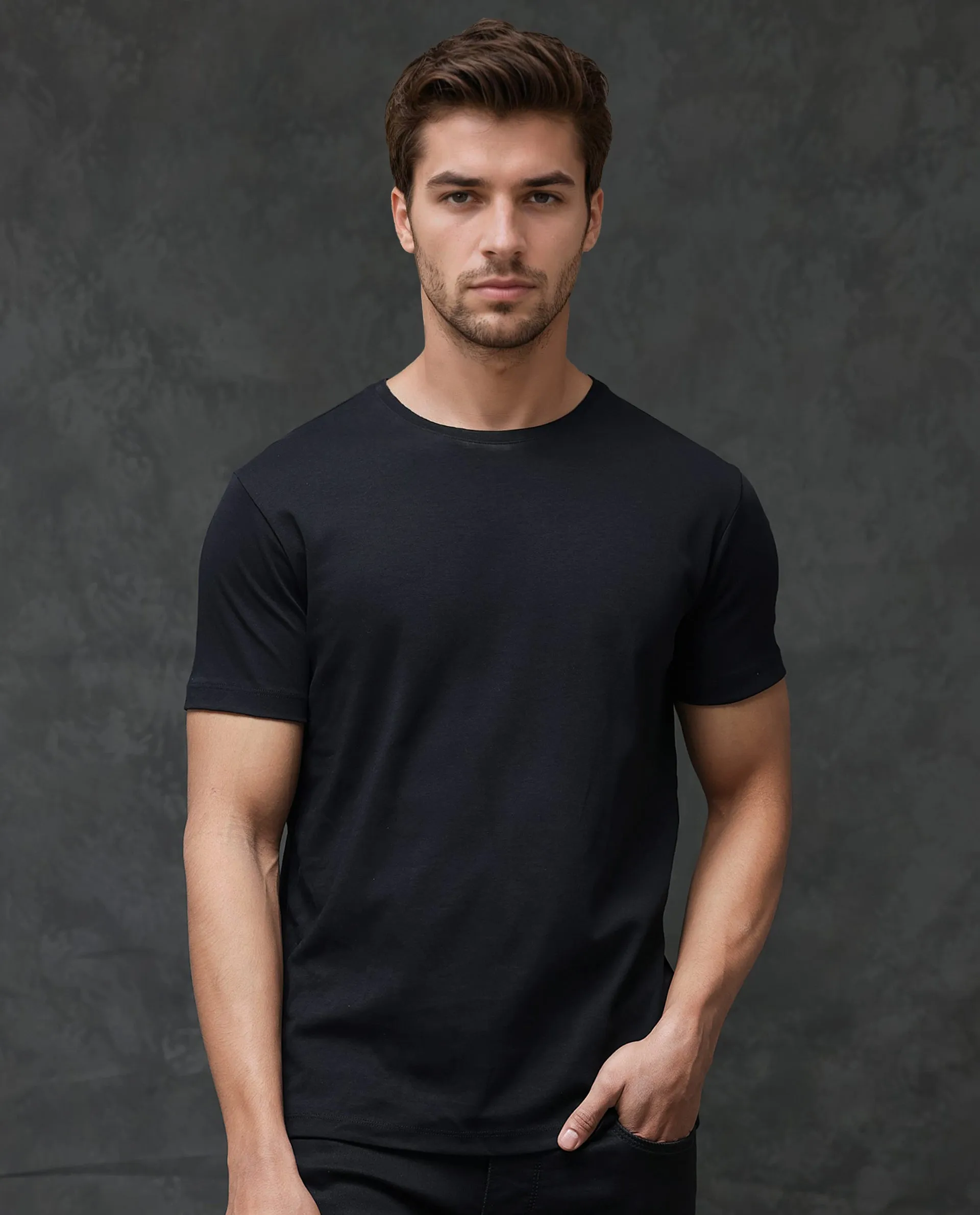 Rare Rabbit Men's Gis Black Cotton Fabric Crew Neck Half Sleeves Regular Fit Solid T-Shirt