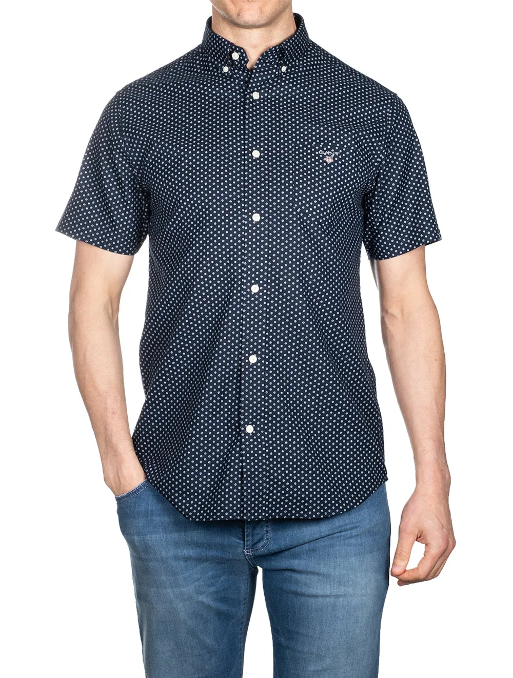 Regular Fit Oxford Micro Print Short Sleeve Buttondown Marine