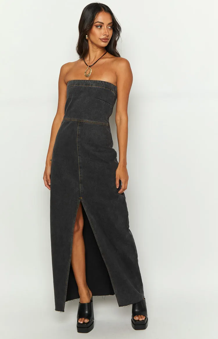 Romey Black Denim Strapless Maxi Dress