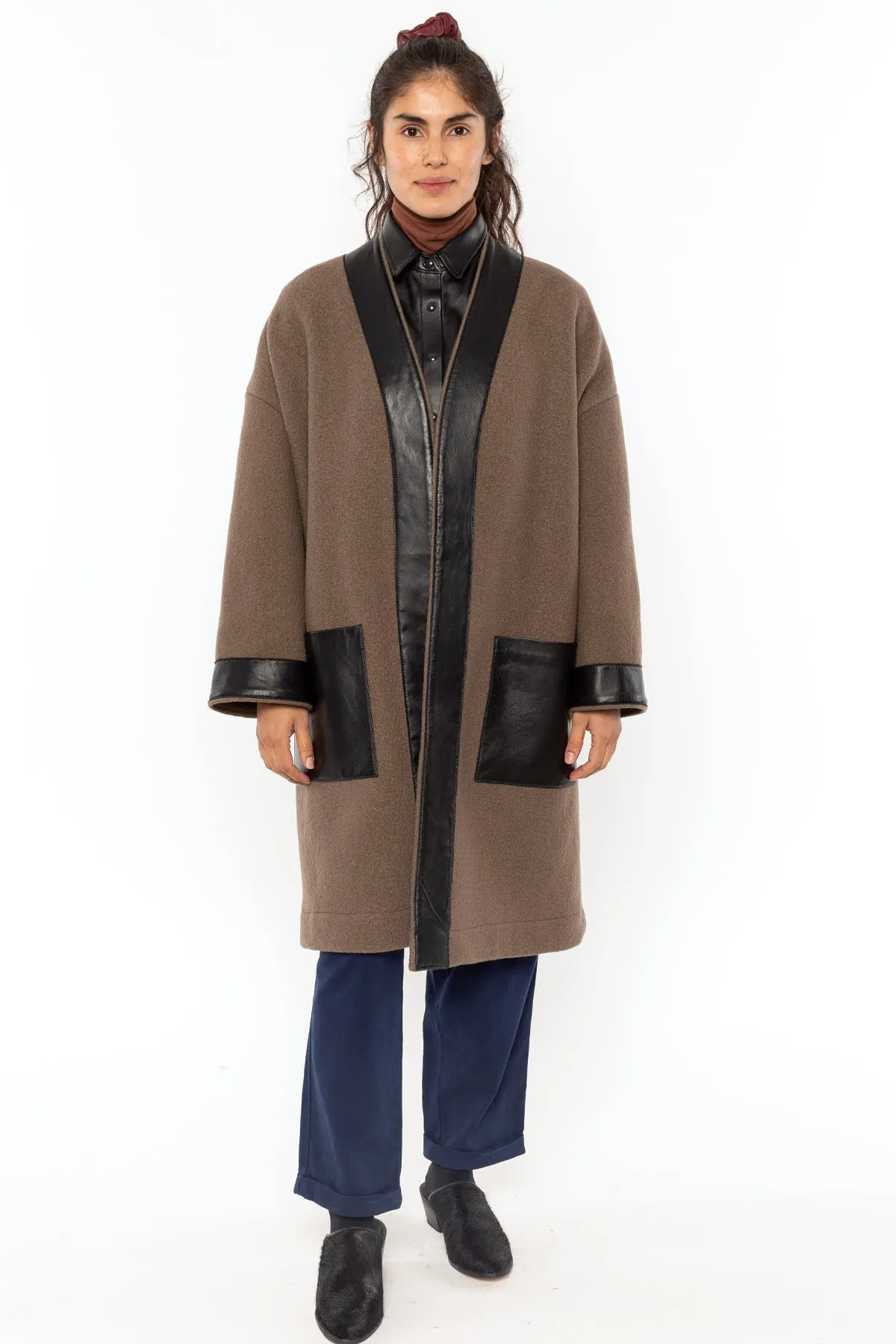 RWL100 - Wool Coat with Leather Trim