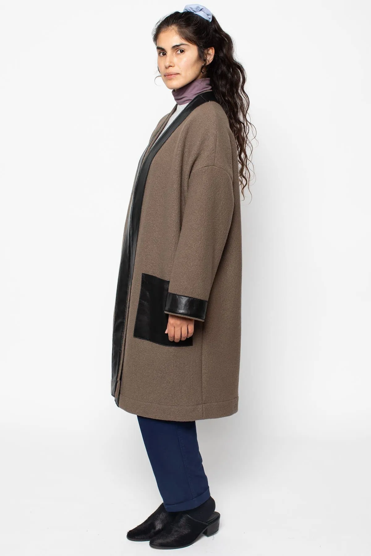 RWL100 - Wool Coat with Leather Trim