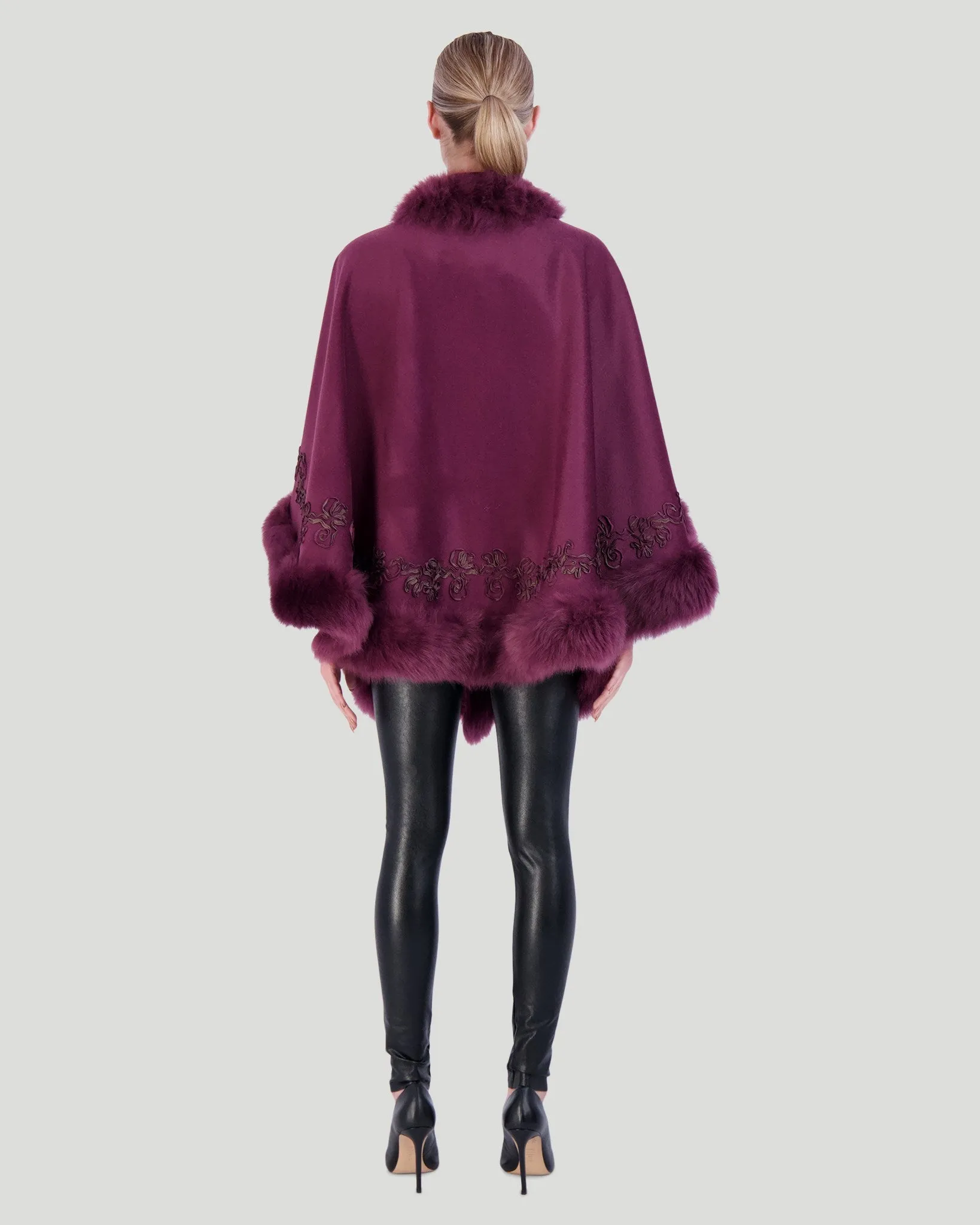 Select Cashmere & Wool Cape with Toscana Shearling Lamb Trim and Ribbon Embroidery