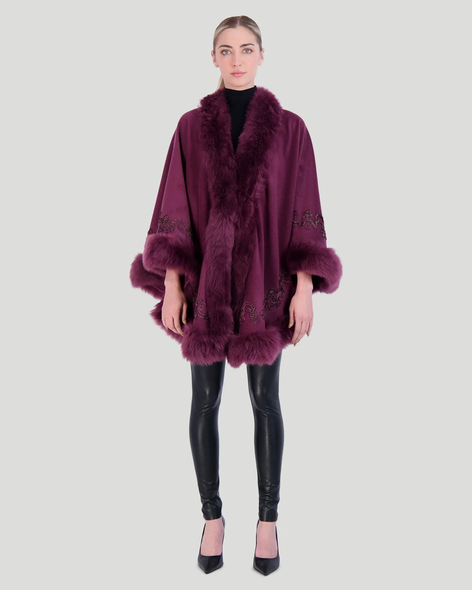 Select Cashmere & Wool Cape with Toscana Shearling Lamb Trim and Ribbon Embroidery