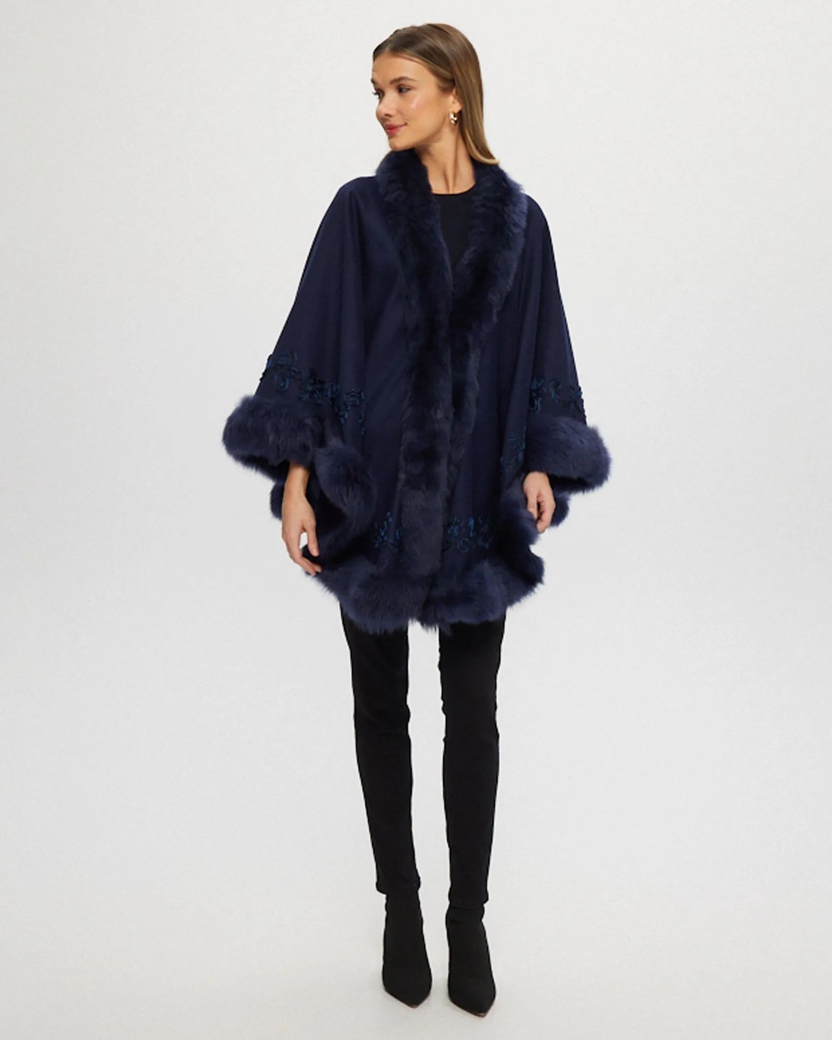 Select Cashmere & Wool Cape with Toscana Shearling Lamb Trim and Ribbon Embroidery