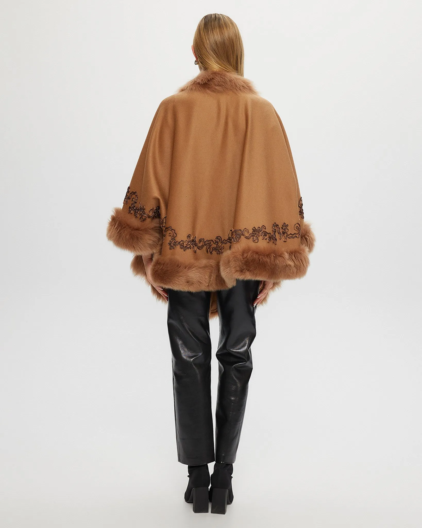 Select Cashmere & Wool Cape with Toscana Shearling Lamb Trim and Ribbon Embroidery