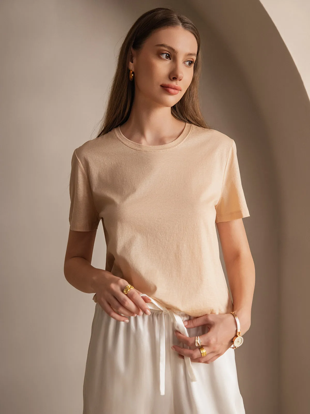 Silk Knitted Solid Color Basic Womens T-Shirt