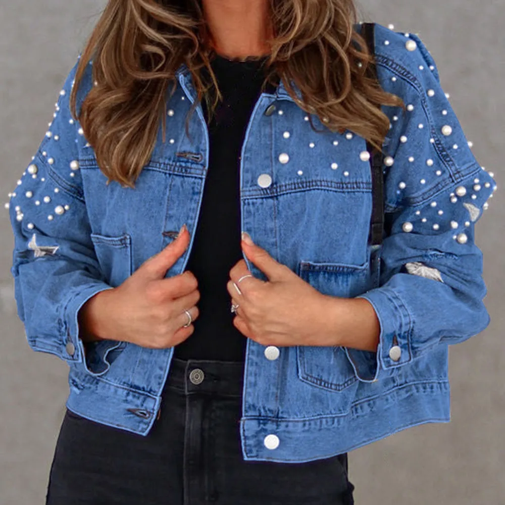 Stars and Pearls Bead Detail Denim Jacket