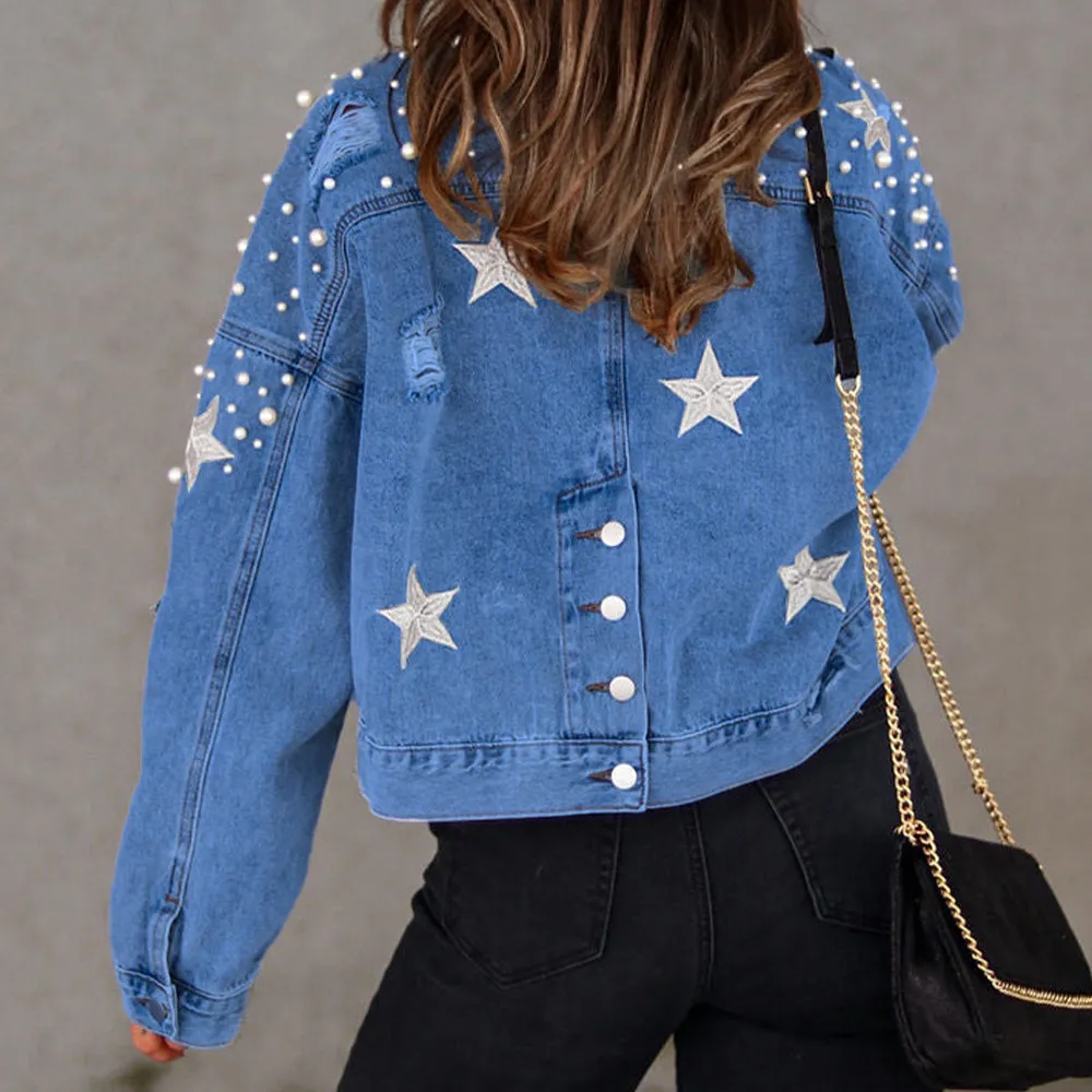 Stars and Pearls Bead Detail Denim Jacket