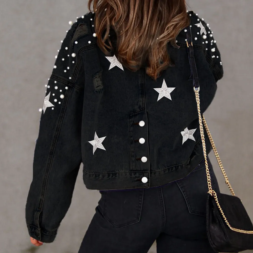 Stars and Pearls Bead Detail Denim Jacket