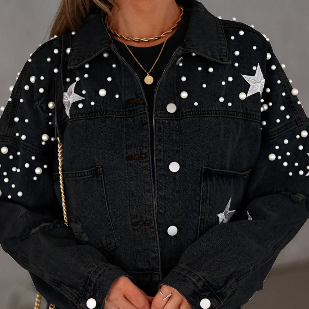 Stars and Pearls Bead Detail Denim Jacket