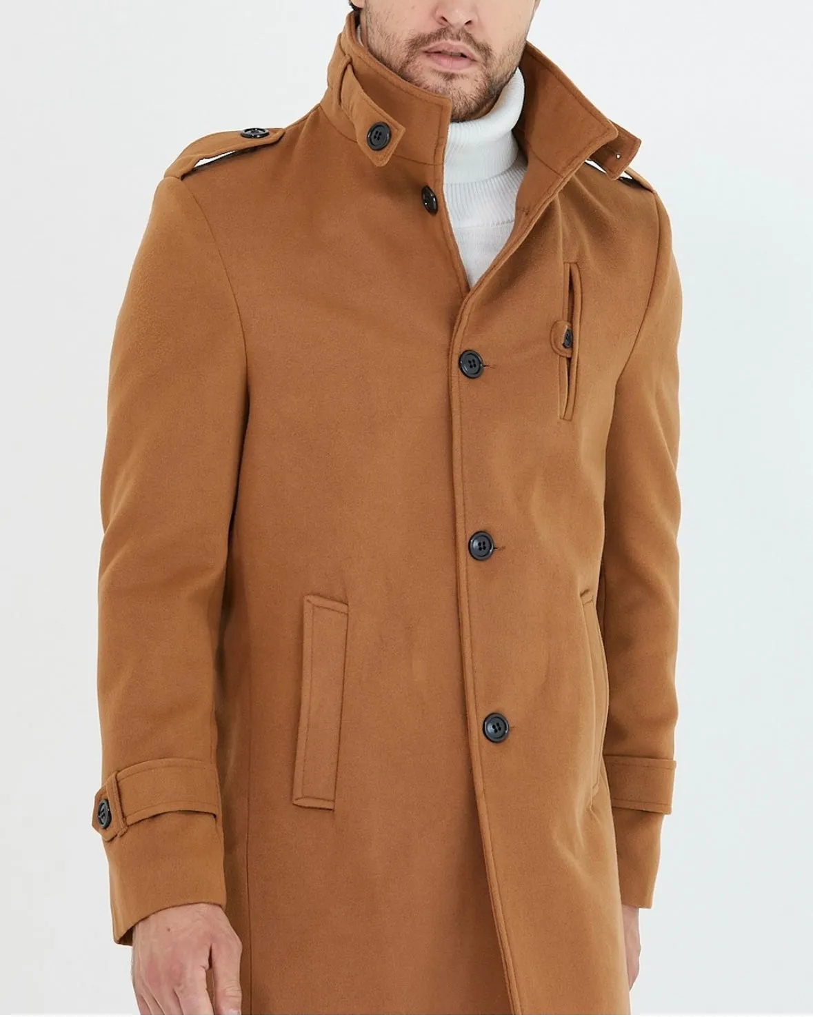 [Tommy] Tobacco Single-Breasted Pea Coat -100% Wool