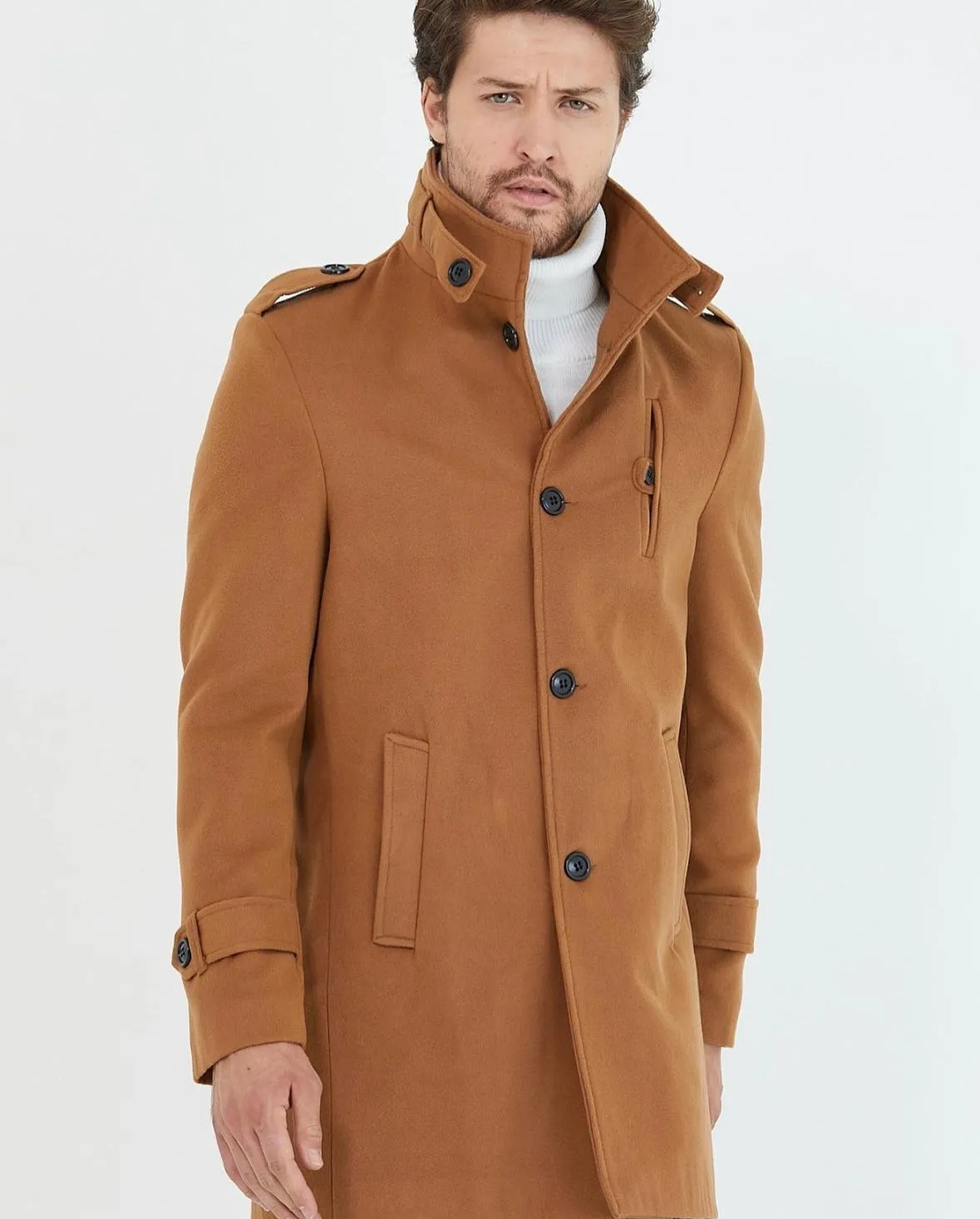 [Tommy] Tobacco Single-Breasted Pea Coat -100% Wool