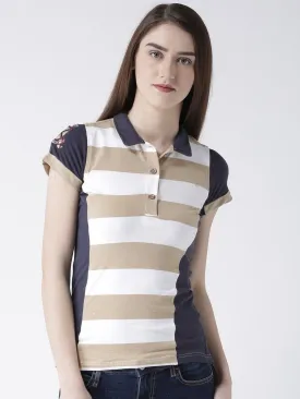 Women Beige Striped Polo Collar T-shirt