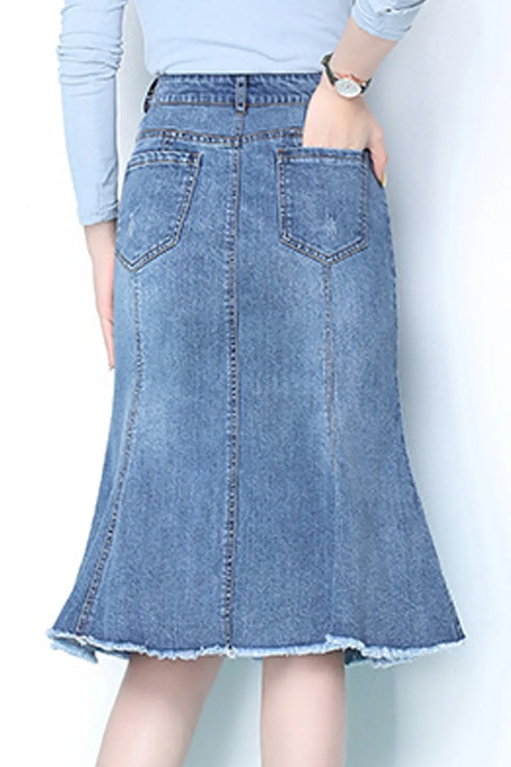 Women Convenient Belt Loops Mid Length Breathable Denim Skirt - WSK103497