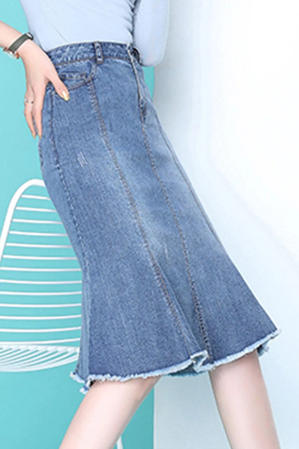 Women Convenient Belt Loops Mid Length Breathable Denim Skirt - WSK103497