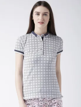 Women White Printed Polo Collar T-shirt