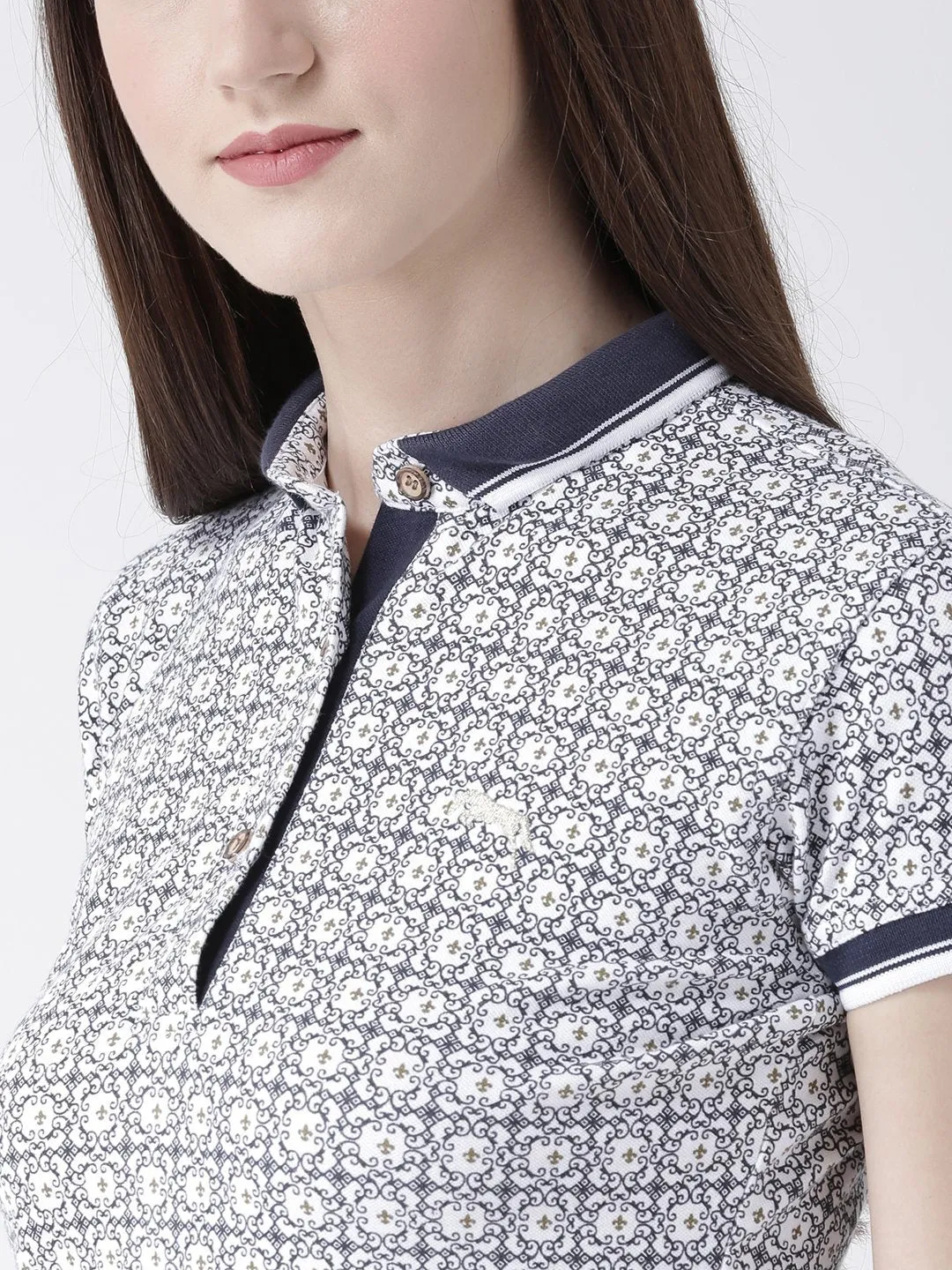 Women White Printed Polo Collar T-shirt