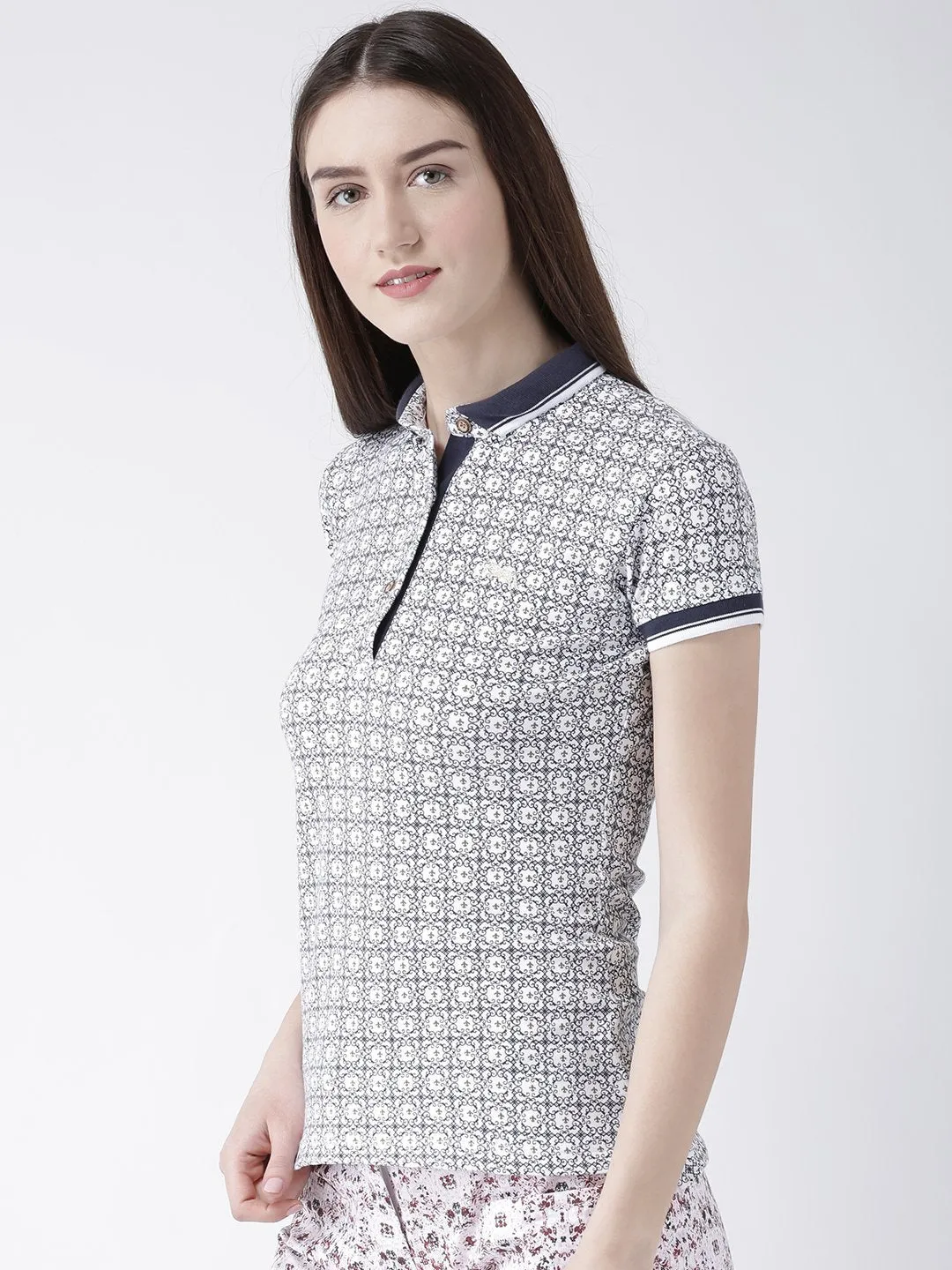 Women White Printed Polo Collar T-shirt