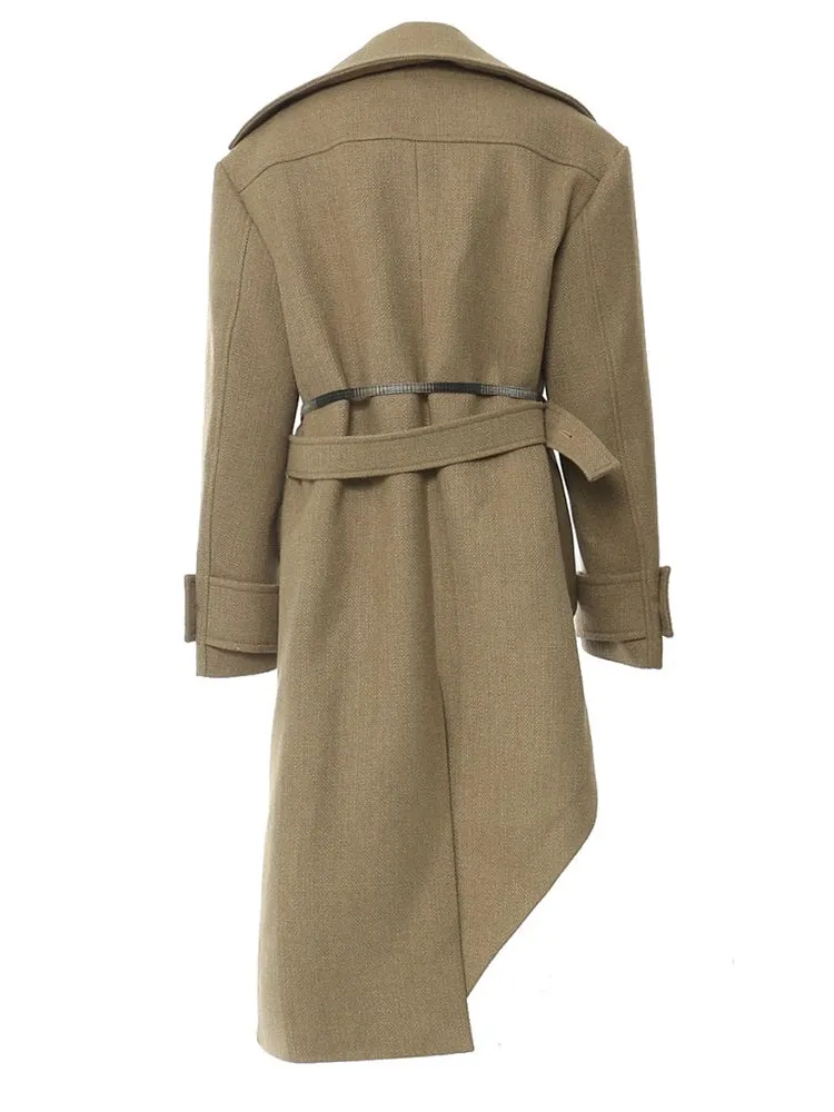 Women's Khaki Woolen Asymmetrical Long Coat