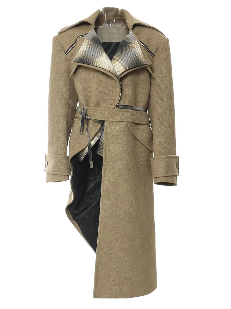 Women's Khaki Woolen Asymmetrical Long Coat