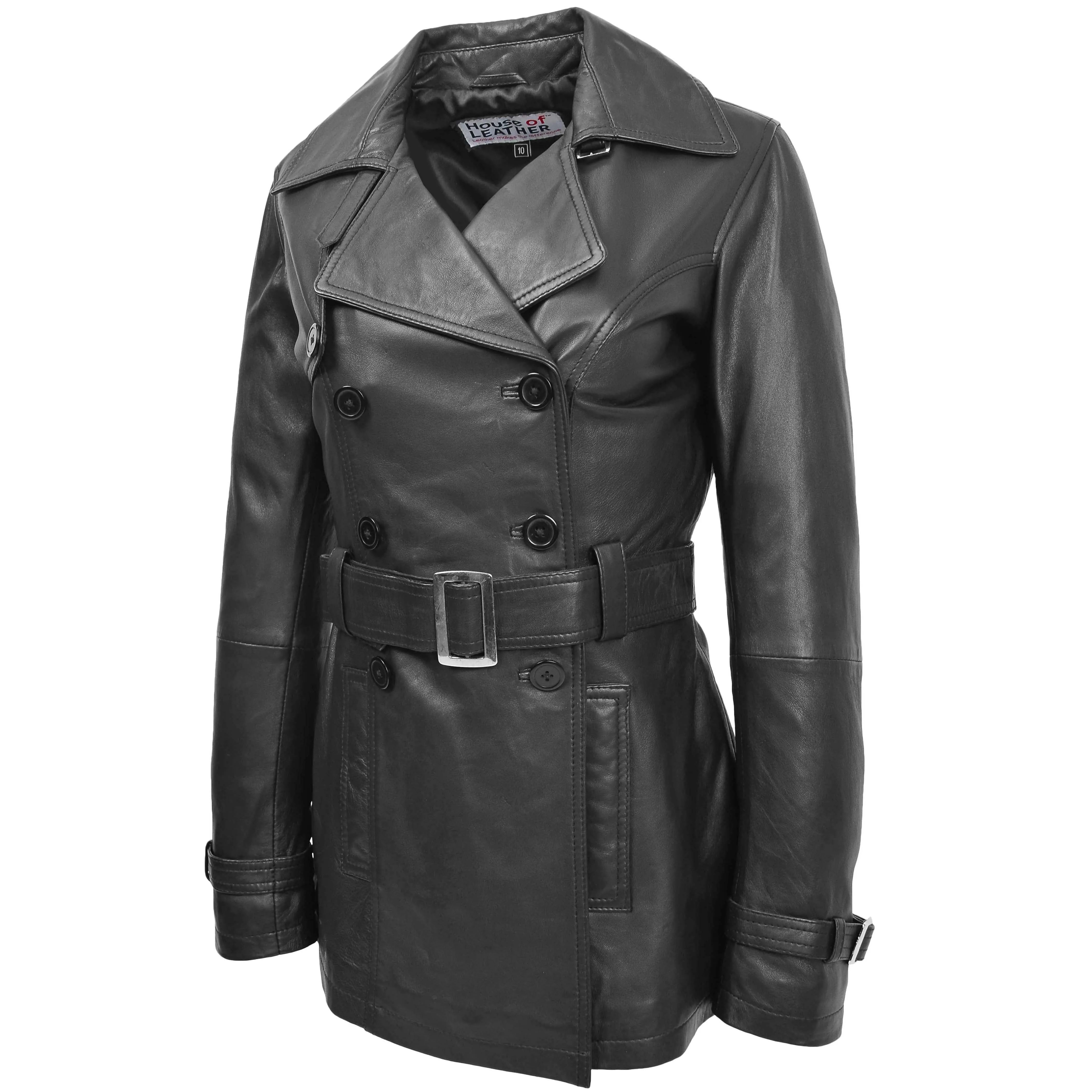 Womens Leather Double Breasted Trench Coat Sienna Black