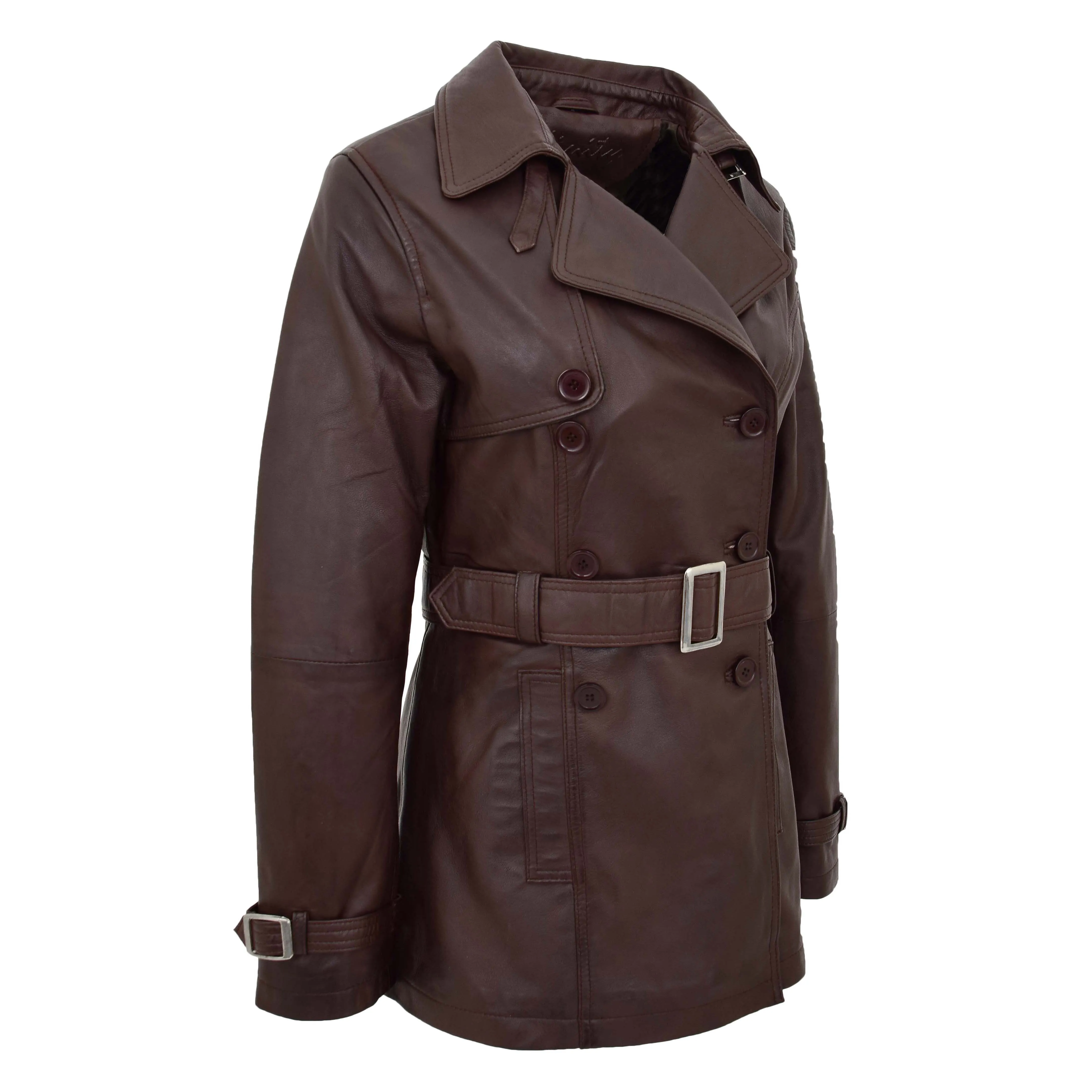 Womens Leather Double Breasted Trench Coat Sienna Brown