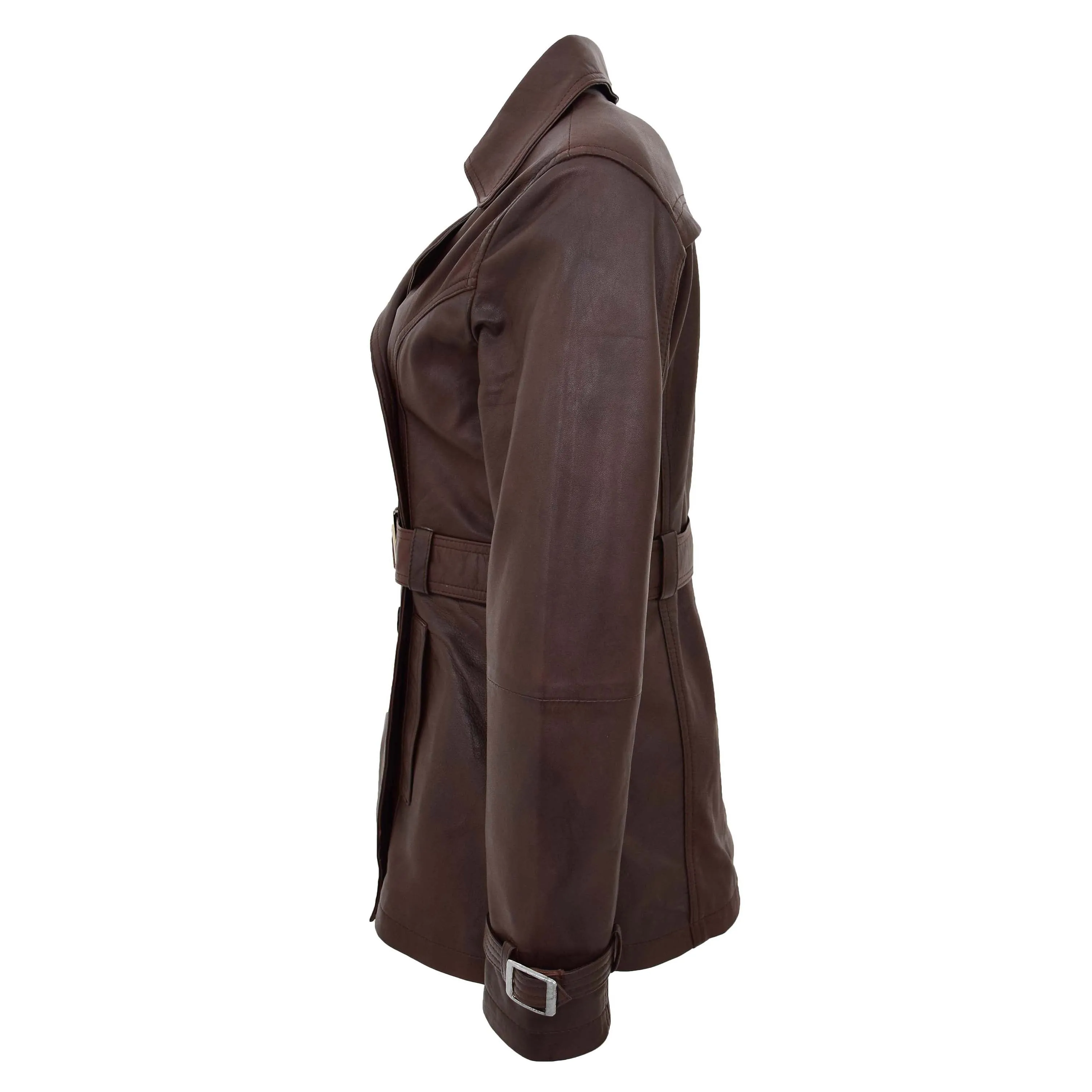 Womens Leather Double Breasted Trench Coat Sienna Brown